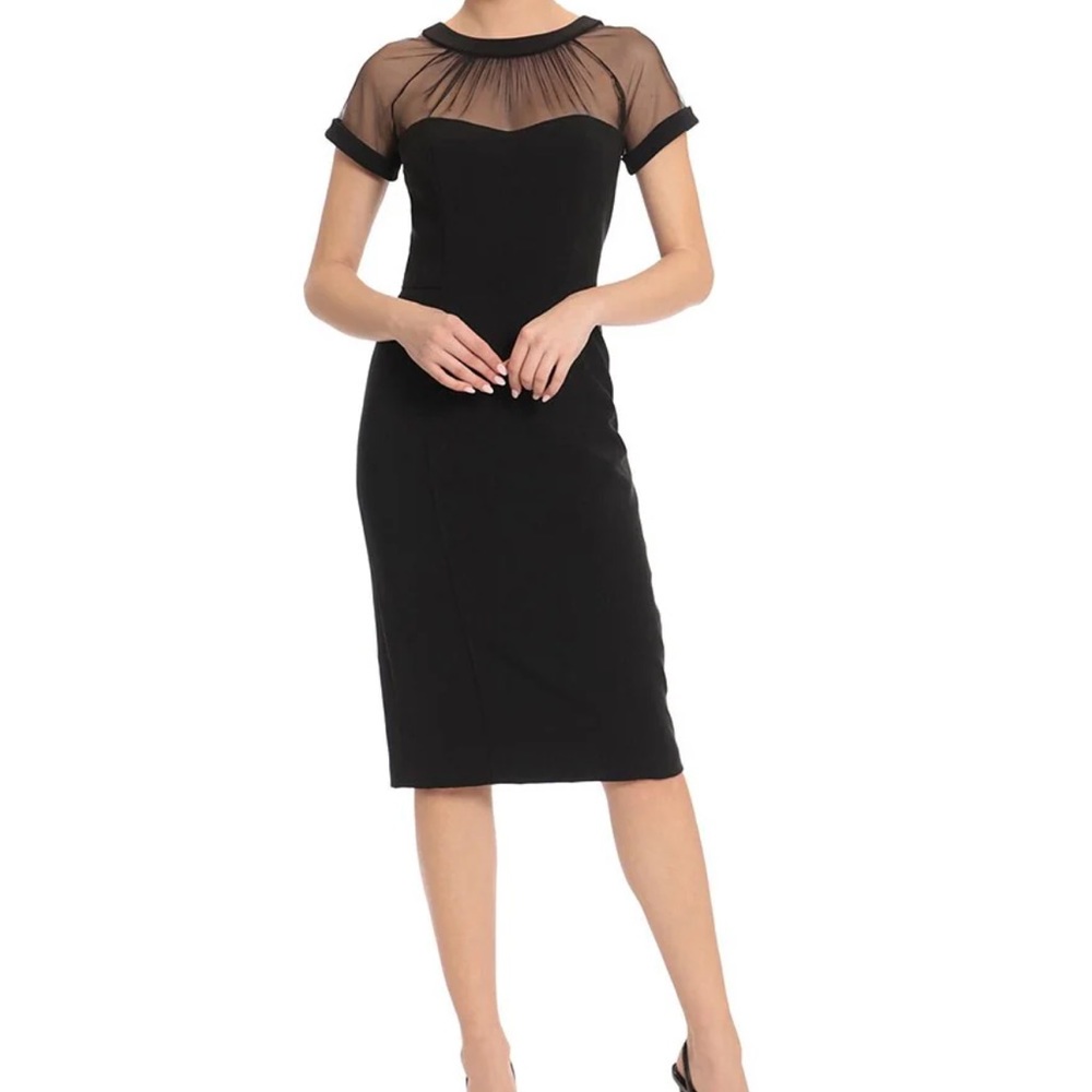Maggy London black illusion round mesh neckline  sheath dress